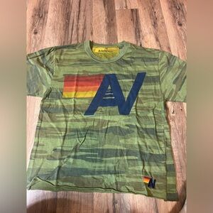 Aviator Nation Green Camo Tee with Blue and Rainbow Design